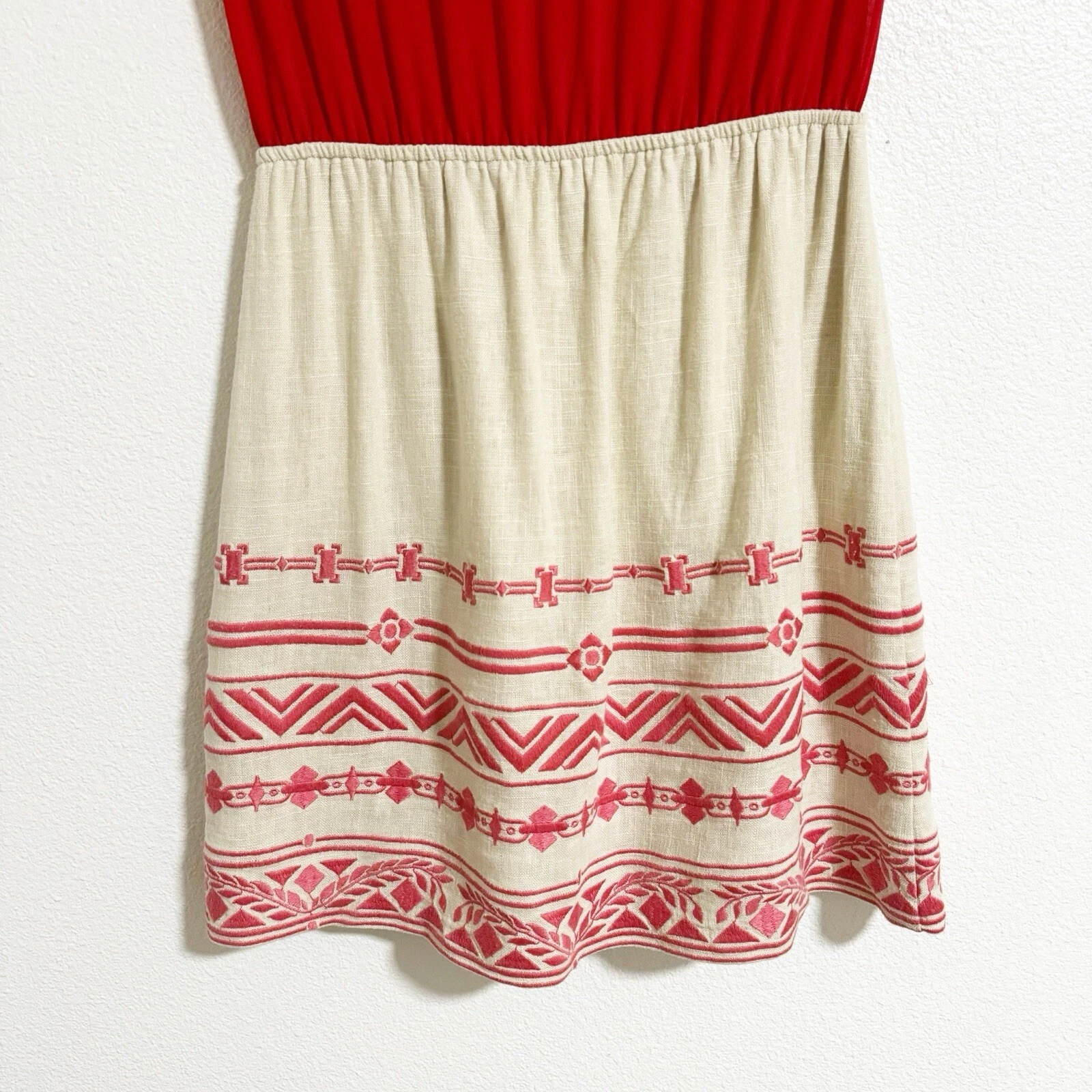 VALENTINO Abito misto lino ricamato champagne e fragola taglia M