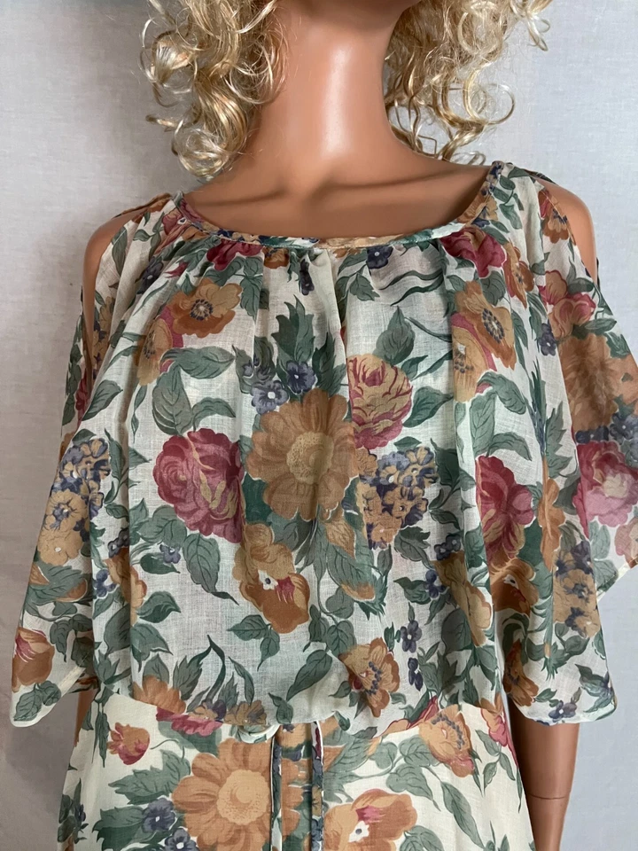 Vestido Columpio Vintage Años 70 Hecho a Mano Asimétrico Crema Floral Manga Campana Abierta Forrado S Foto 3 de 4