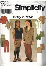 7724 UNCUT Simplicity Sewing Pattern Girls Shirt Vest Pants Skirt Waistcoat OOP