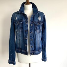Bebe Blue Denim Chambray Jacket 12 M Medium Distressed Button Up Designer Belted