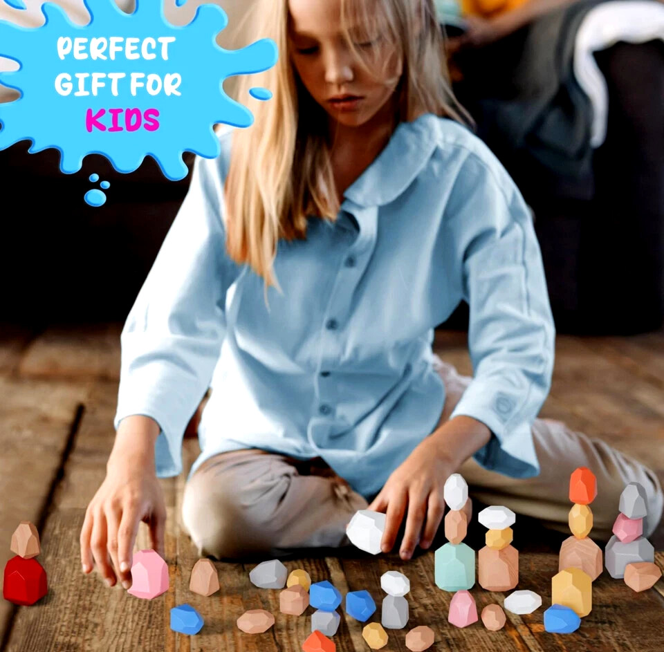 36 Piece Balancing Wooden Stone Blocks for Toddlers Multicolored Stacking Stones