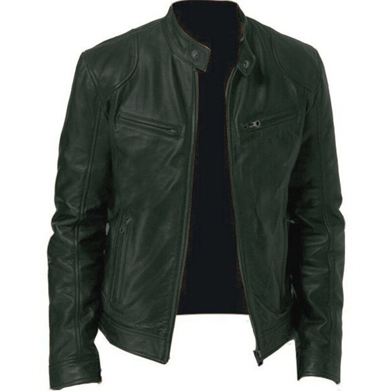 Mens Retro Leather Jacket Motorcycle Stand Collar Biker Coat Zip
