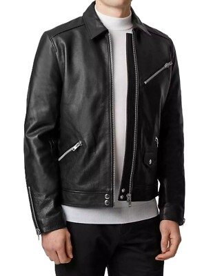 Herren Schwarz Jacke 100% Echt Lammleder Echtleder Kragen Biker Freizeit Mantel