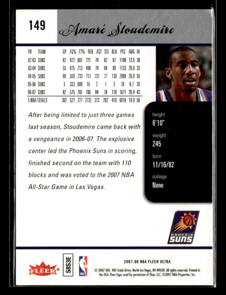 Amare Stoudemire 2007-08 Ultra #149 Phoenix Suns - Image 2 of 2