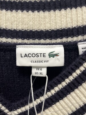 Lacoste NWT 100% Wool Holiday Comic Badge Striped V-Neck