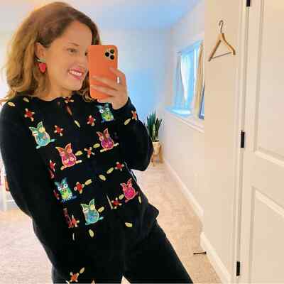 Vintage Jack B. Quick Black Owl Beaded Cardigan Sweater Medium