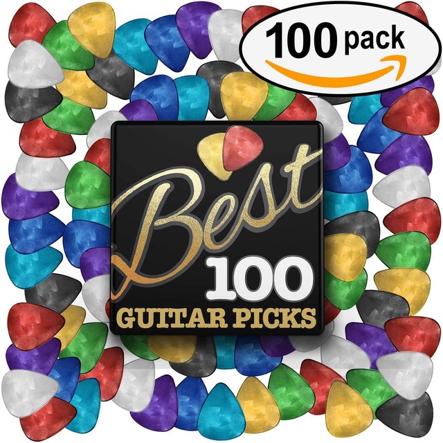 Best Guitar Picks (Huge 100 Value Pack) Unique Designs In Assorted Colors & Celluloid Finish- 3 Different Sizes Light/Thin, Medium, & Heavy/Thick - Awesome For Acoustic, Bass, Or Electric Guitars (725407230460)