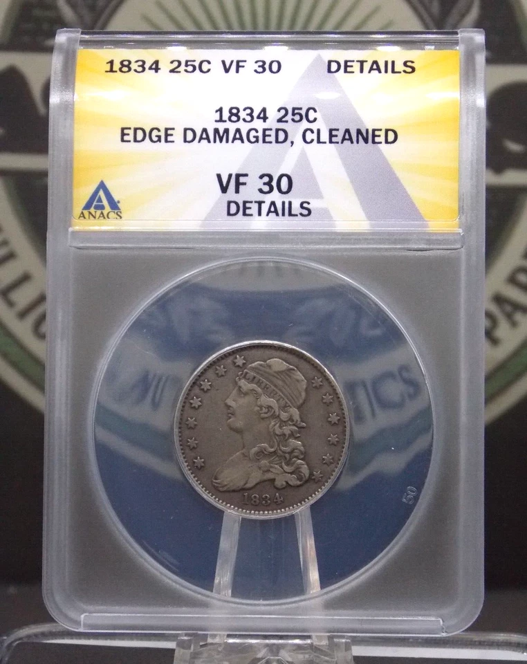 1834 Capped BUST Silver Quarter 25c ANACS VF30 Details #177 Very Fine ECC&C, Inc - Image 3 of 4