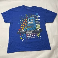 Retro BBC Style Robot Dj Party Rave Graphic Concert Tee Blue Size L