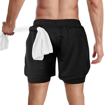 Herren 2 in 1 Sports Shorts Quick Dry Gym Athletic Workout mit Telefontaschen DE