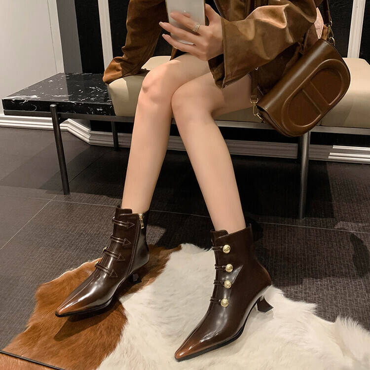 Women's Fashion Fade Leather Pointy Toe Mid Heel Zipper
