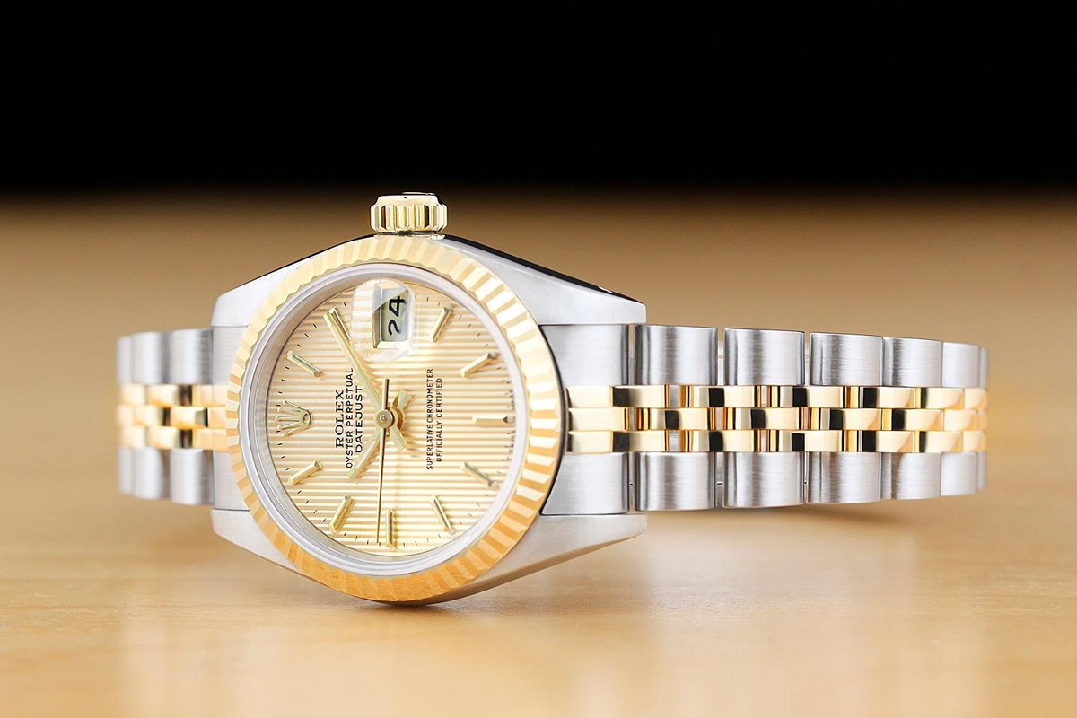 ROLEX LADIES DATEJUST 69173 CHAMPAGNE TAPESTRY DIAL 18K GOLD STEEL