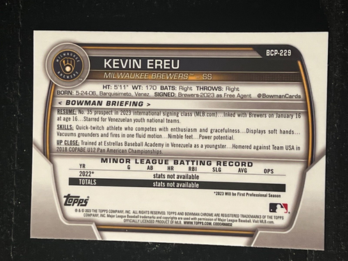 2023 Bowman Chrome Mega Box Mojo Refractor #BCP-229 Kevin Ereu Brewers 1st!!! - Picture 2 of 2
