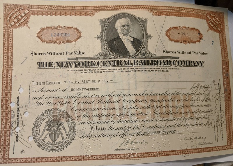New York Central Railroad Company Stock 1937 Vintage 84 Shares (E-4)