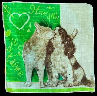 Vtg Hanky Dessin Dep JE T'AIME I LOVE YOU DOG & CAT