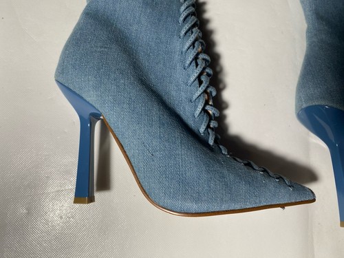 NEW-Size 6M Womens Steve Madden Lace Up Knee High Boots Stiletto Heel FabricBlue - Picture 5 of 10