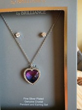 BRILLIANCE Silver Plated Purple Crystal Heart Necklace Earrings Set