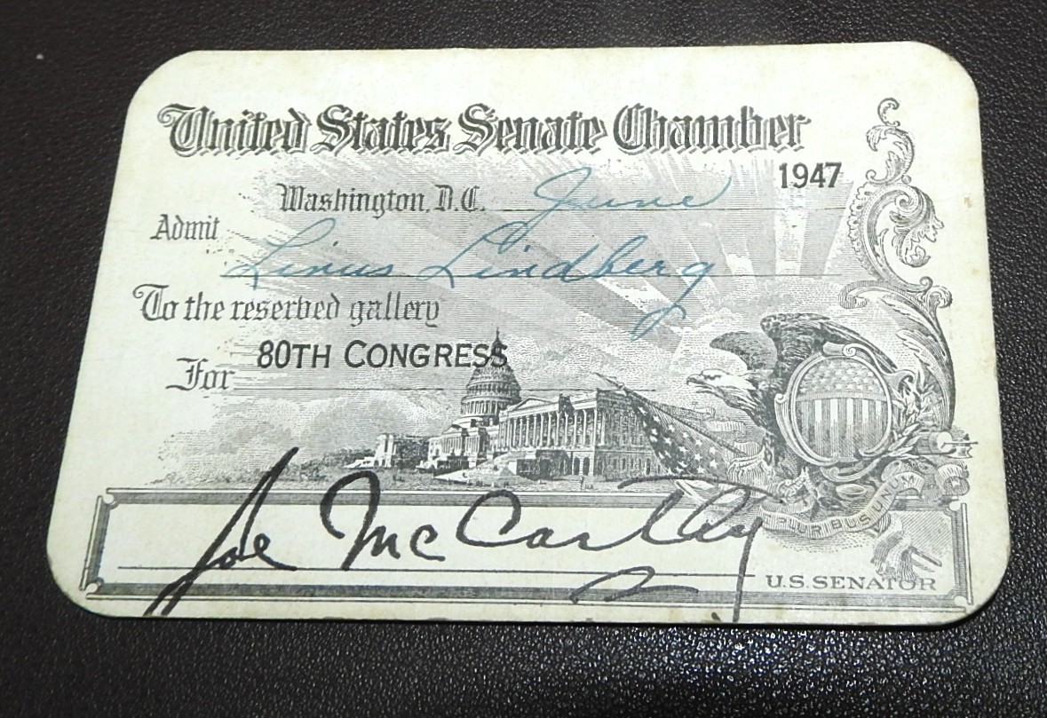 Vintage U.S. SENATE CHAMBER Card 1947 80th Congress SIGNED JOE McCARTHY!! RARE