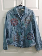 Vintage Embroidered Denim Jacket Floral Western Jean Button Front Women's Size M