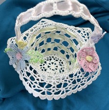 Vintage Hand Crocheted Basket W/Handle Ribbons Flowers Cottagecor Boho Decor 9"