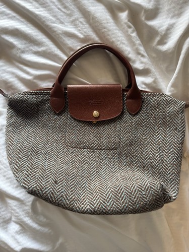 Rare Longchamp Le Pliage Herringbone Tweed Tote Brown Leather Made in France