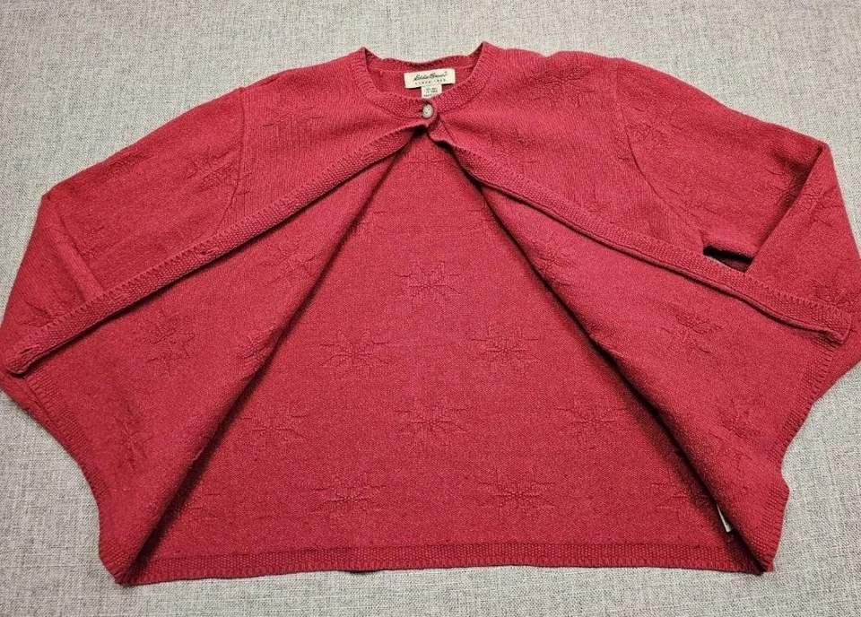 Eddie Bauer Sweater Womens Large Red Cardigan Merino Wool Snowflake Knit Button - Image 4 of 4