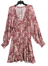 Aerie Mini Dress Womens XL Burgundy Pink Floral Boho Long Sleeve Ruffle Hem