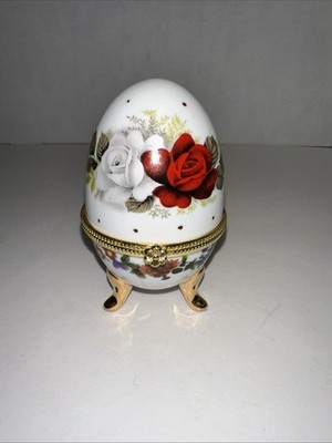 Footed Egg Shaped Trinket Box With Blue,Red & White Roses