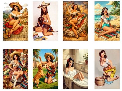 Set of 8 Vintage Metal Pin Up Girls Collector Cards Latino MPIN02