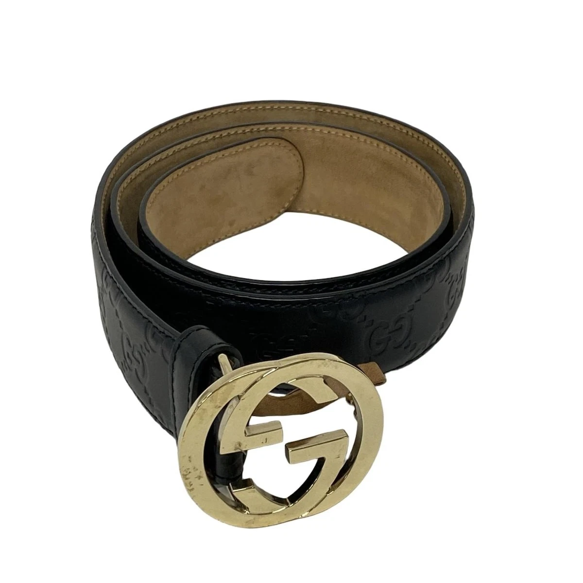 Auth GUCCI Interlocking G/Ssima Line 370543 Quincaillerie Cuir Noir Or   Ceinture