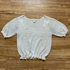 SALTWATER LUXE L Cream Open Knit Crochet Sweater Cotton Cottage Beach Fairycore