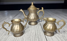 80s Vintage Silver Mini Tea Set 3pc Dollhouse Teapot Creamer Sugar Bowl Art Deco