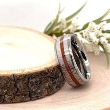 Wood Inlay  Deer Antler Inlay Band 8mm Silver Tungsten Christmas Gifts Her Ring