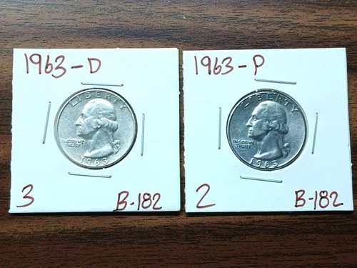 Lot of (2) AU 1963 Washington Silver Quarters. 90% Silver.