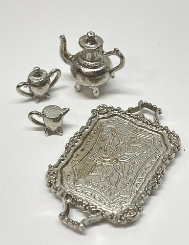 Dollhouse Miniature Tea Set Silver Tray Teapot Cream Sugar Ornate Coffee Vintage - Picture 3 of 5