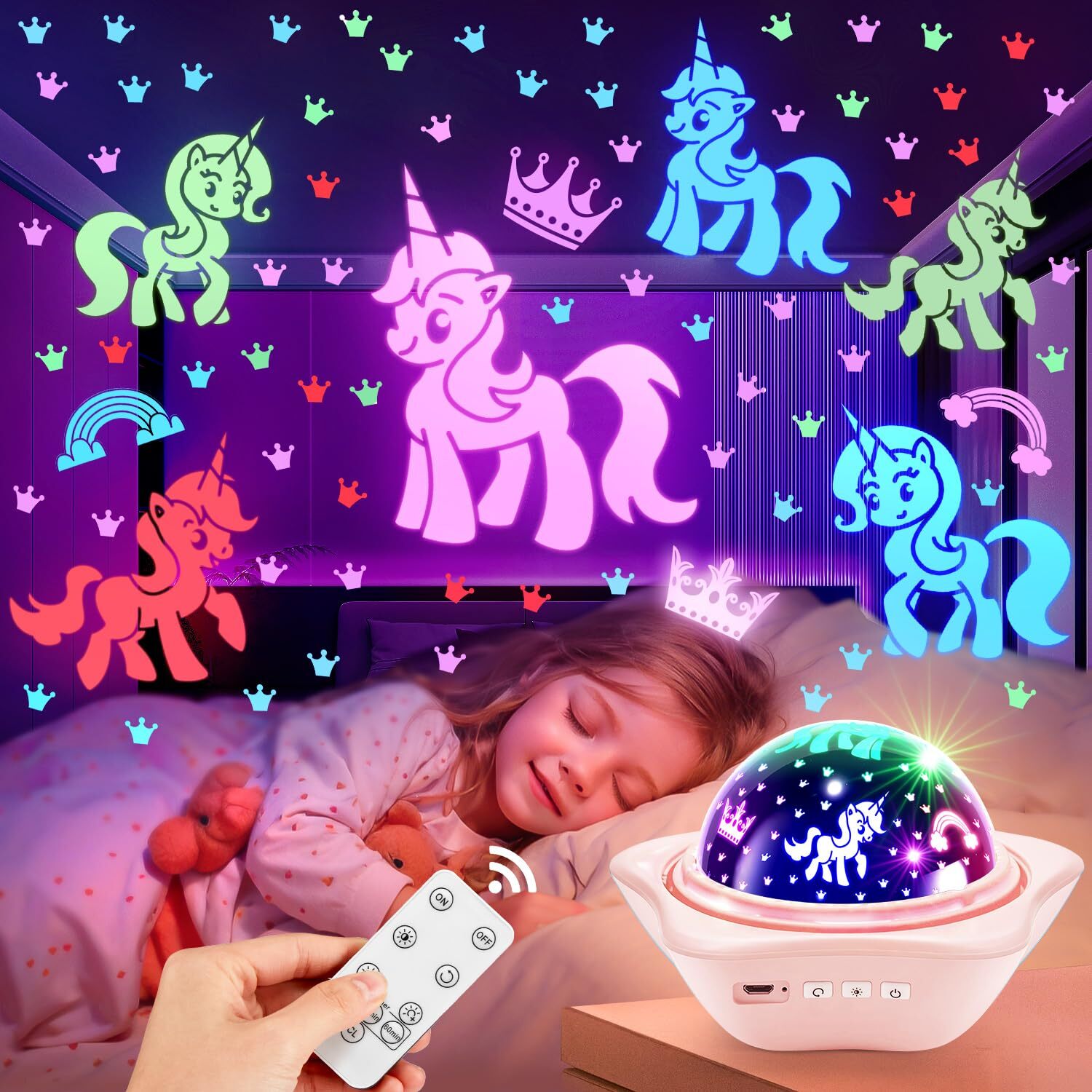 Unicorn Night Light for , 90 Lightings Night Light Projector for Room, 360° R...