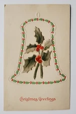 Christmas Greetings Holly Border Bell With Felt Applique Postcard E33