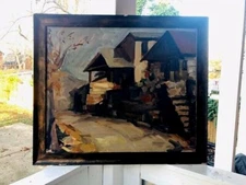 LARGE FRAMED 20X24 IN OIL PAINTING MID WEST ARTIST ATHA SIGNED TITLED BAIN HOUSE