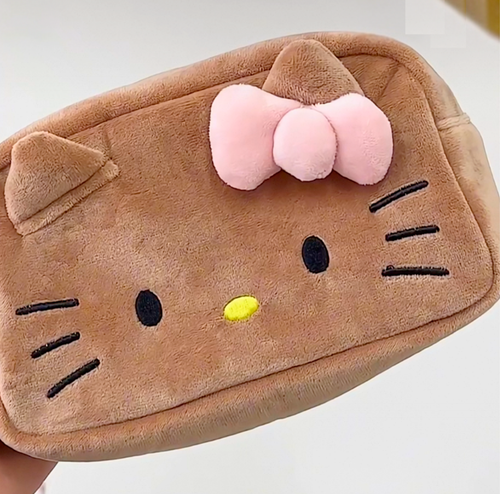 Sanrio Hello Kitty Tan Brown Plush Makeup Pouch Embroidered Face Cosmetic Bag - Picture 3 of 16