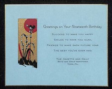 Gazette and Daily Boys' and Girls' Newspaper York, PA 19th Birthday Card c1920's