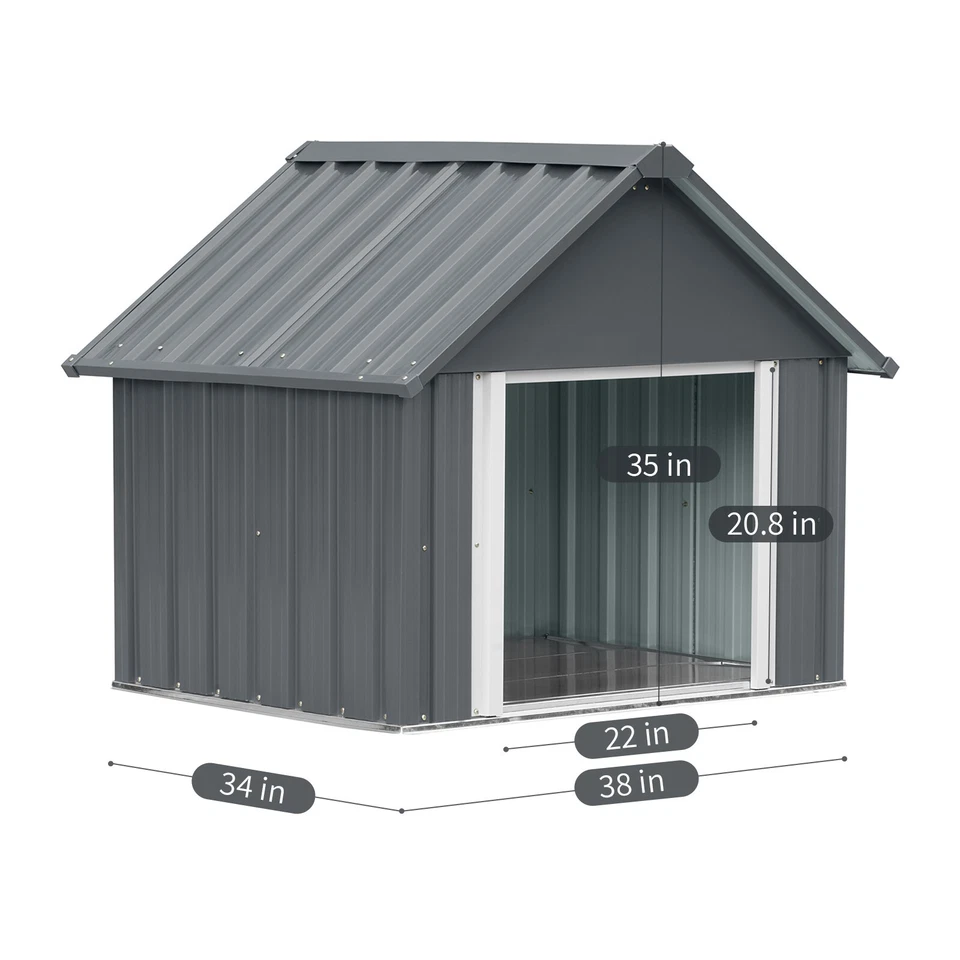 Casa grande de metal para perros impermeable al aire libre refugio para mascotas perro perrera jaula gris acero Foto 4 de 4