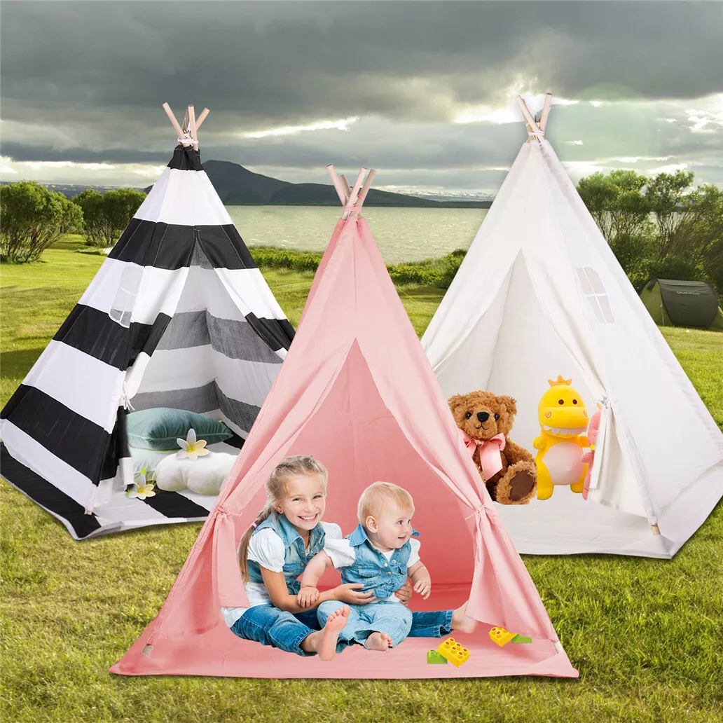 Linen Canvas Kids Teepee Tent Children Wigwam Indoor Outdoor Play House with Mat
