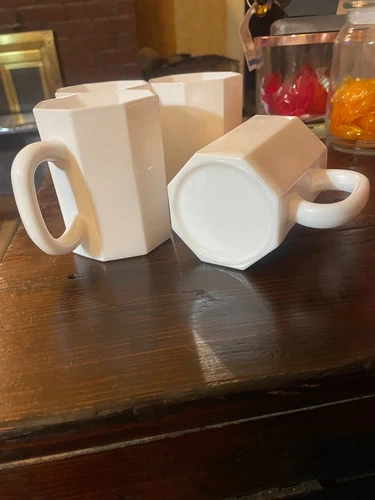 4 VTG MCM Octagon Coffee Mugs Arcoroc Octime White Milk Glass  Hallmarked FRANCE