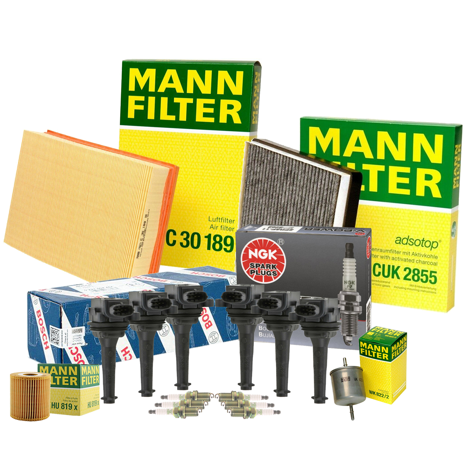 Mann Filters Bosch 6 Coils NGK 6 V-Power Spark Plugs Tune Up Kit For S80 L6 FWD