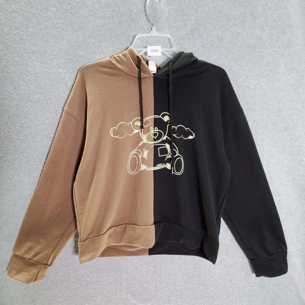 Romwe Women Activewear Hoodie Small Brown Two Tone Graphic Teddy Bear Oversized