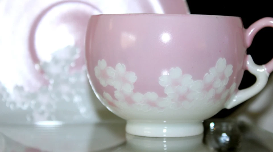 Japanese Teacup & Saucer PINK w/HEART Antique Eggshell Porcelain signed - Image 2 of 4