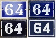 Old blue French house number 64 door gate wall fence street sign plate plaque