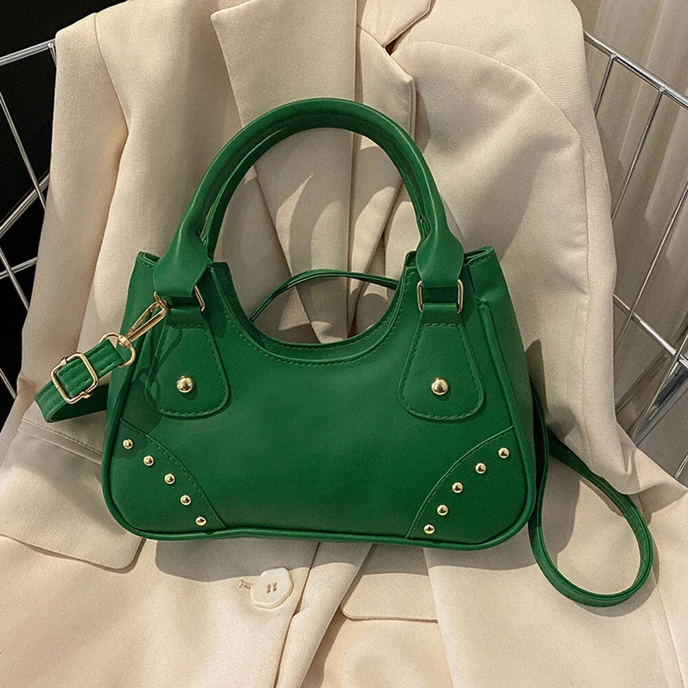 B Women Hobo Shoulder Bag Soft PU Punk Rivet Girls Handbag Messenger Bag Green