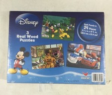 Disney 3 Real Wood Puzzles In Storage Box, Includes Three Puzzles 24 Pieces Each