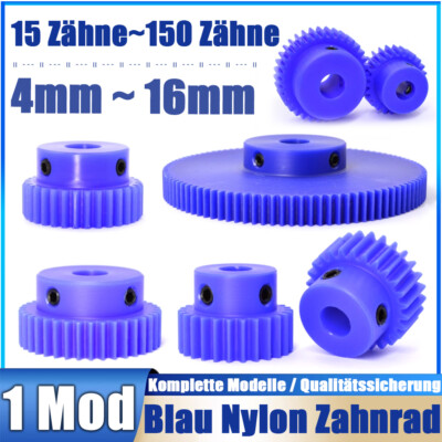 1 Modulus Blau Nylon Zahnrad Stirnrad mit Nabe, 15-150 Zähne, 4mm-16mm Bohrung